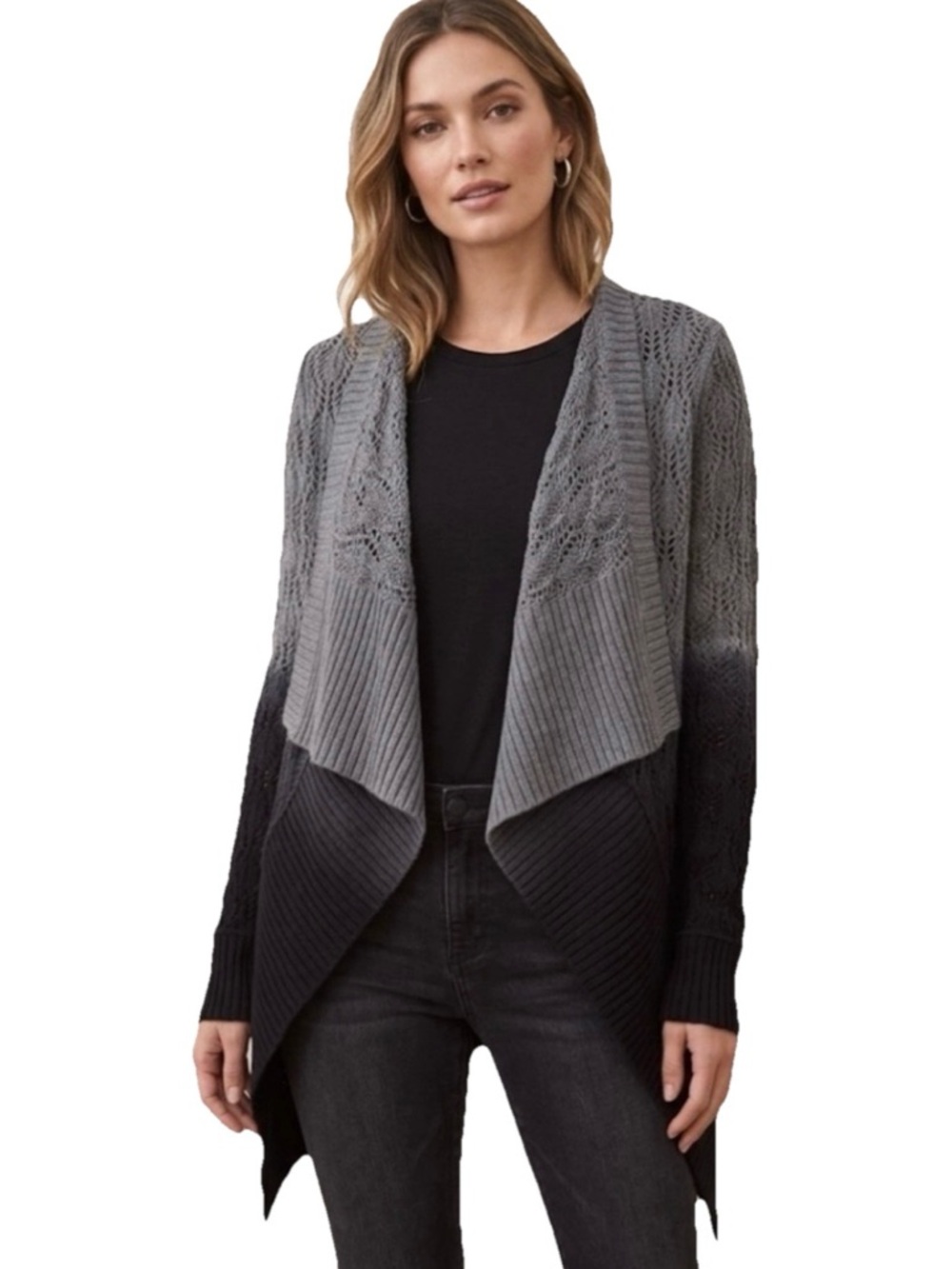 Chaser Black & Grey Drape Front Open Ombre Woven Cotton Cardigan Size Large